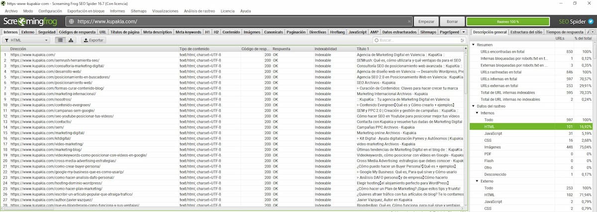 Análisis en Screaming Frog